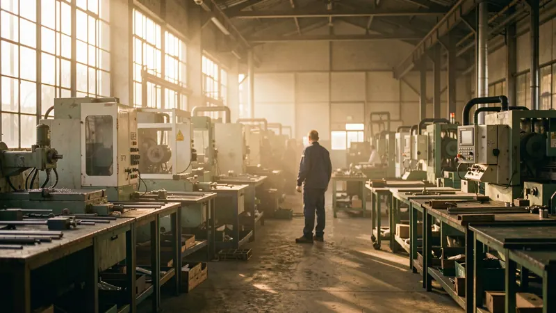 A regional machine shop floor at dusk, low sun through tall factory windows and a lone worker walking between machines