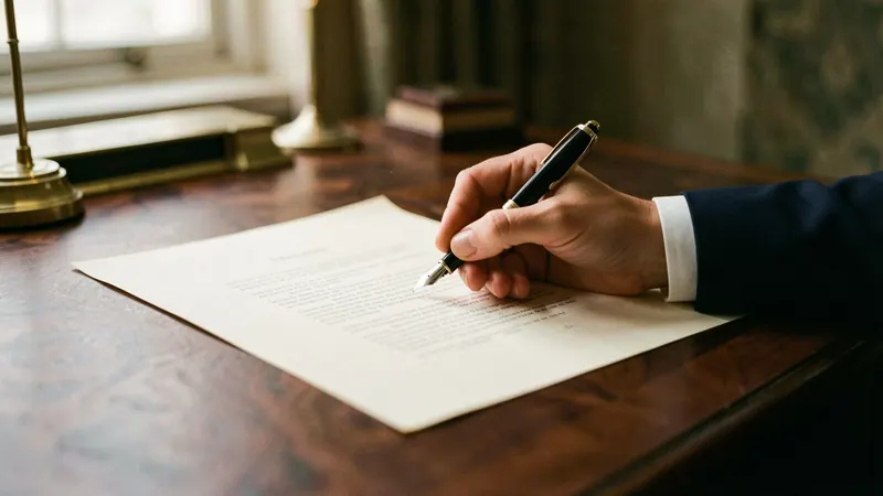A hand signing a printed agreement with a fountain pen on a walnut desk